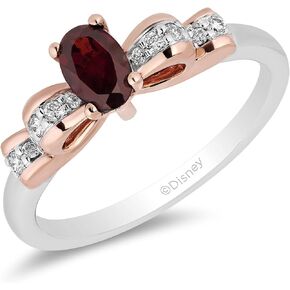 Jewelili Enchanted Disney Fine Jewelry Sterling Silver and 10K Rose Gold with 1/12 CTTW Diamond and Red Garnet Snow White Ring