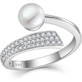 STARCHENIE Pearl Initial Ring for Women Sterling Silver Letters A-Z 26 Alphabet Adjustable Ring Size 7