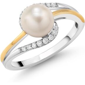 Gem Stone King 925 Sterling Silver and 10K Yellow Gold Cultured Freshwater Pearl and Lab Grown Diamond Ring for Women (0.12 Cttw, Round 7-7.5MM Pearl, Available in Size 5,6,7,8,9)