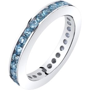 PEORA Swiss Blue Topaz Classic Eternity Ring Band for Women 925 Sterling Silver, Genuine Gemstone Birthstone, 1.25 Carats total, 3mm width, Sizes 5 to 9