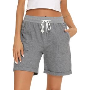 Women's 100% Cotton Casual Bermuda Shorts with Drawstring Waist and Pockets