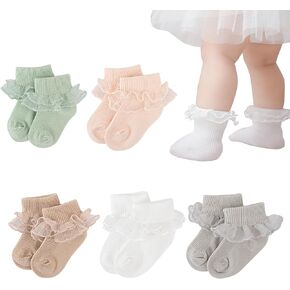 Meeshine 5 Pairs Newborn Baby Girls Ruffle Frilly Lace Socks Cotton Princess Dress Ankle Turn Cuff Socks for 0-2T Infants