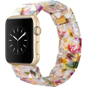 Heesch Resin Fashion Watch Band Compatible with Apple Watch Series Ultra/SE/8/7/6/5/4/3/2/1, Tortoise Elastic Watch Band Bracelet Jewelry Wristband for Women Girl for iWatch, 38/40/41mm, 42/44/45/49mm