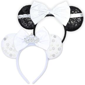 Bride and Groom Mouse Ear Headbands, Black Tie and White Princess Wedding Gifts and Accessories, One Size, Set of 2