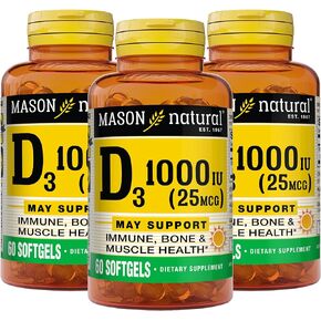 MASON NATURAL Vitamin D3 25 mcg (1000 IU) - Supports Overall Health, Strengthens Bones and Muscles, from Fish Liver Oil, 60 Softgels (Pack of 3)