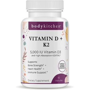 Body Kitchen Vegan Plant-Based Vitamin D3 + K2 (MK7) Supplement, Bone and Heart Health, Non-GMO, 5000 IU Vitamin D & 180 mcg Vitamin K2 MK-7, Easy to Swallow Veggie Caps, 60 Count