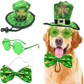 St Patrick's Day Dog Costume 3 Pcs Irish Leprechaun Green Tall Hat Pet Shamrock Sunglasses Bow Tie Kit for Medium Large Dogs Saint Patricks Day Parties Dog Outfits (Bow Tie 3PCS Set, Green)