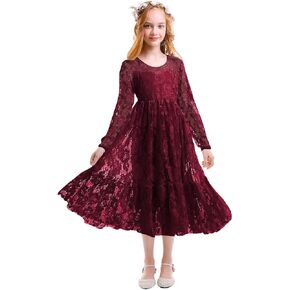 فستان IWEMEK للفتيات من الدانتيل المُزين بالزهور للمناولة الأولى بأكمام طويلة وحفلات التعميد وحفلات الزفاف وأعياد الميلاد بوهو ريفي على شكل حرف a in Kuwait