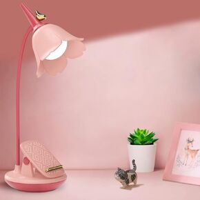 Pink Desk Lamp with Clamp, Rechargeable LED Small Desk Lamp, Adjustable Gooseneck, Dimmable Cute Desk Lamp for Kids Girls Bedroom Dorm Office（Light Pink Peach Color）