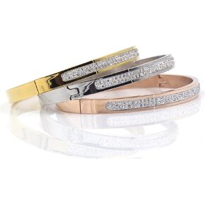 Exquisite Bracelet Bangles Gift Box, 1 Silver, 1 Gold, 1 Rose Gold, Friendship Jewelry for Women, Girls, Teens and Friends, Stainless Steel Hinged Bracelet with Row of Select Cubic Zirconias