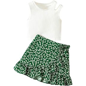 SHENHE Girl's 2 Piece Cut Out Crewneck Tank Top and Ditsy Floral Wrap Ruffle Hem Skirt Set