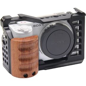 ZV-E1 Cage with Wood Handle for Sony Alpha ZV-e1 Full Camera Cage Video Shooting Frame,Built-in Cold Shoe Mount Quick Release Plate for Arca -A033
