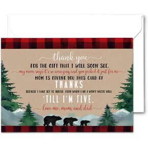 25 Lumberjack Baby Thank You Cards Pack – Boys Baby Shower Notes with Envelopes Set, Prefilled Message, Customizable and Personalize Blank Stationery Rustic Bear, New Parents Gift Ideas