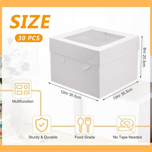 30 Pcs 12 x 12 x 8 Inches Cake Boxes with Window Tall Bakery Boxes Tier Cakes Pastry Boxes Dessert Boxes Disposable Cake Containers (White) in Saudi Arabia