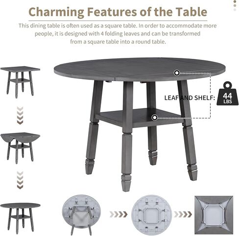 مجموعة طاولة طعام قابلة للطي لـ 4 أشخاص، سطح طاولة مربع قابل للتحويل إلى كراسي مستديرة، منجدة مع وسائد، مسند ظهر كلاسيكي منخفض، تصميم عالي الساق، 5 قطع من أثاث المطبخ لزاوية الإفطار in Kuwait