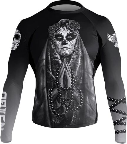 Men's La Calavera Catrina Dia de Muertos BJJ Rash Guard Long Sleeve MMA Black Edition in Saudi Arabia