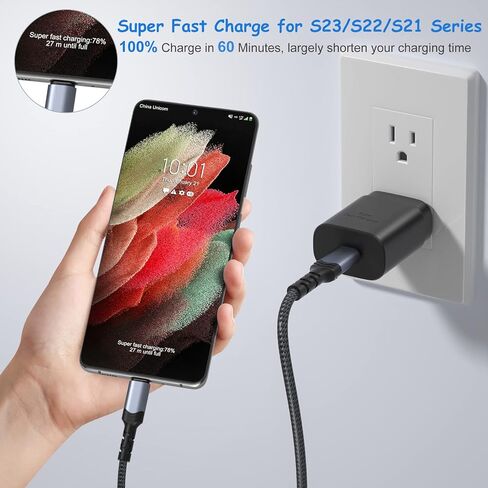 شاحن فائق السرعة من النوع C، شاحن حائط USB C بقدرة 25 واط من Costyle، كتلة شحن فائقة السرعة مع كابل USB C بطول 10 أقدام لهاتف Samsung Galaxy S24 S24Ultra S24+ S23 S23Ultra S22 S22Plus S20FE Note 20-أسود in Kuwait