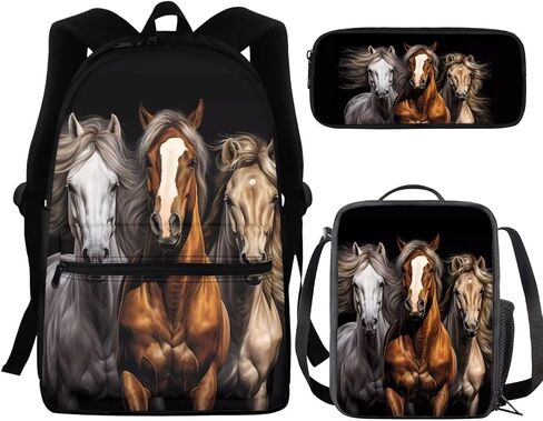 BIGCARJOB Black Horse Schoolbags Set for Boys Girls School Backpack with Lunch Bags Pencil Holder Animal Horse School Bookbags Elementary Primary Middle Large Travel Rucksack Laptop Bagpack in Saudi Arabia