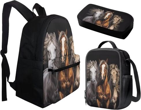 BIGCARJOB Black Horse Schoolbags Set for Boys Girls School Backpack with Lunch Bags Pencil Holder Animal Horse School Bookbags Elementary Primary Middle Large Travel Rucksack Laptop Bagpack in Saudi Arabia