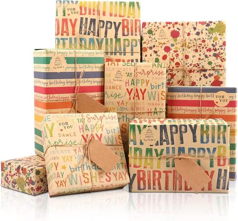 Birthday Wrapping Paper Set, 6 Sheets Kraft Brown Recycled Gift Wrapping Paper with Stickers, Gift Wrapping Paper with Happy Birthday Pattern Design for Kids Girls Women Boys Men Adults, 20×28 inches in Kuwait