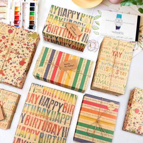Birthday Wrapping Paper Set, 6 Sheets Kraft Brown Recycled Gift Wrapping Paper with Stickers, Gift Wrapping Paper with Happy Birthday Pattern Design for Kids Girls Women Boys Men Adults, 20×28 inches in Kuwait