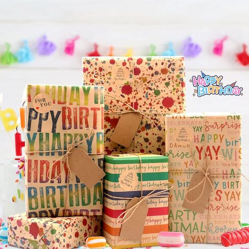 Birthday Wrapping Paper Set, 6 Sheets Kraft Brown Recycled Gift Wrapping Paper with Stickers, Gift Wrapping Paper with Happy Birthday Pattern Design for Kids Girls Women Boys Men Adults, 20×28 inches in Kuwait