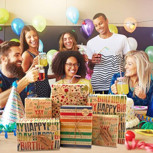 Birthday Wrapping Paper Set, 6 Sheets Kraft Brown Recycled Gift Wrapping Paper with Stickers, Gift Wrapping Paper with Happy Birthday Pattern Design for Kids Girls Women Boys Men Adults, 20×28 inches in Kuwait