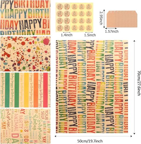 Birthday Wrapping Paper Set, 6 Sheets Kraft Brown Recycled Gift Wrapping Paper with Stickers, Gift Wrapping Paper with Happy Birthday Pattern Design for Kids Girls Women Boys Men Adults, 20×28 inches in Kuwait