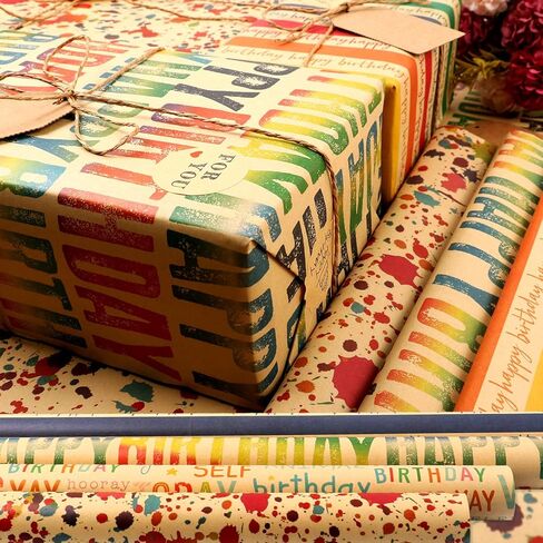 Birthday Wrapping Paper Set, 6 Sheets Kraft Brown Recycled Gift Wrapping Paper with Stickers, Gift Wrapping Paper with Happy Birthday Pattern Design for Kids Girls Women Boys Men Adults, 20×28 inches in Kuwait