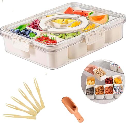 Divided Serving Tray with Lid and Handle - Package Included (1 Wooden Spoon & Mini Bamboo Forks and 8 removable compartments). Snack Serving Tray with Lid. Note: Not dishwasher safe. in Saudi Arabia