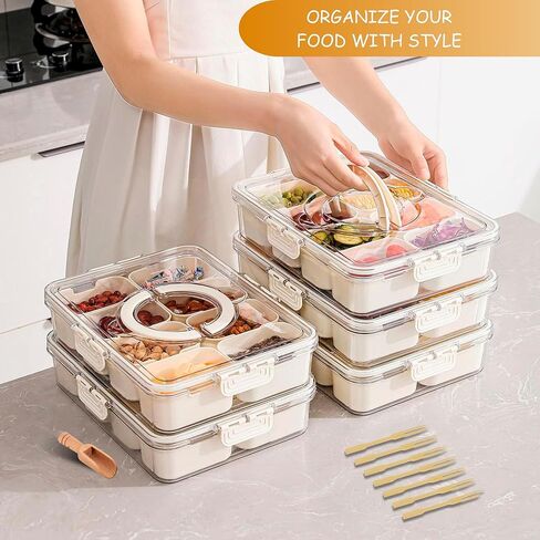 Divided Serving Tray with Lid and Handle - Package Included (1 Wooden Spoon & Mini Bamboo Forks and 8 removable compartments). Snack Serving Tray with Lid. Note: Not dishwasher safe. in Saudi Arabia