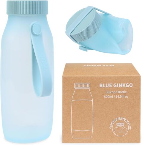 BLUE GINKGO Collapsible Water Bottle | Lightweight Foldable Water Bottles for Travel, Hiking, Camping | Leak Proof Travel Must Haves Silicone Bottle | Made in Korea (16.9oz) - Blue in Saudi Arabia