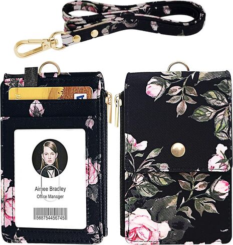 ELV Badge Holder with Zipper, ID Badge Card Holder Wallet with 5 Card Slots, 1 Side RFID Blocking Pocket and Neck Lanyard Strap for Offices ID, School ID, Driver Licence (Rose Floral Black) in Saudi Arabia