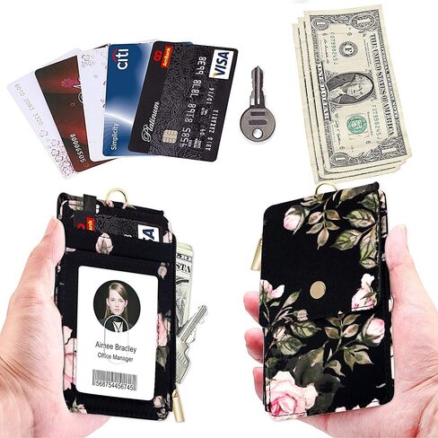 ELV Badge Holder with Zipper, ID Badge Card Holder Wallet with 5 Card Slots, 1 Side RFID Blocking Pocket and Neck Lanyard Strap for Offices ID, School ID, Driver Licence (Rose Floral Black) in Saudi Arabia