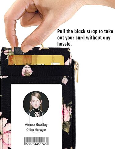 ELV Badge Holder with Zipper, ID Badge Card Holder Wallet with 5 Card Slots, 1 Side RFID Blocking Pocket and Neck Lanyard Strap for Offices ID, School ID, Driver Licence (Rose Floral Black) in Saudi Arabia