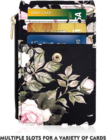 ELV Badge Holder with Zipper, ID Badge Card Holder Wallet with 5 Card Slots, 1 Side RFID Blocking Pocket and Neck Lanyard Strap for Offices ID, School ID, Driver Licence (Rose Floral Black) in Saudi Arabia