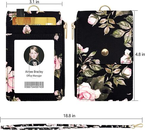 ELV Badge Holder with Zipper, ID Badge Card Holder Wallet with 5 Card Slots, 1 Side RFID Blocking Pocket and Neck Lanyard Strap for Offices ID, School ID, Driver Licence (Rose Floral Black) in Saudi Arabia
