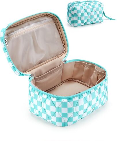 BAGSMART Travel Makeup Bag, 2-Piece Puffy Quilted Cute Make Up Bag Cosmetic Bags for Women, Large Wide-Open Toiletry Pouch Gifts for Toiletries Accessories Travelling Essentials, Pink in Saudi Arabia