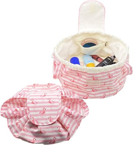 Large Barrel Drawstring Makeup Bag Travel Cosmetic Bag for Women - Portable Make Up Organizer Bag for Skin Care & Toiletries with Brush Holder & Pouch (Black) in Kuwait