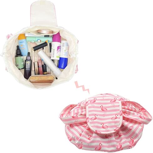 Large Barrel Drawstring Makeup Bag Travel Cosmetic Bag for Women - Portable Make Up Organizer Bag for Skin Care & Toiletries with Brush Holder & Pouch (Black) in Kuwait