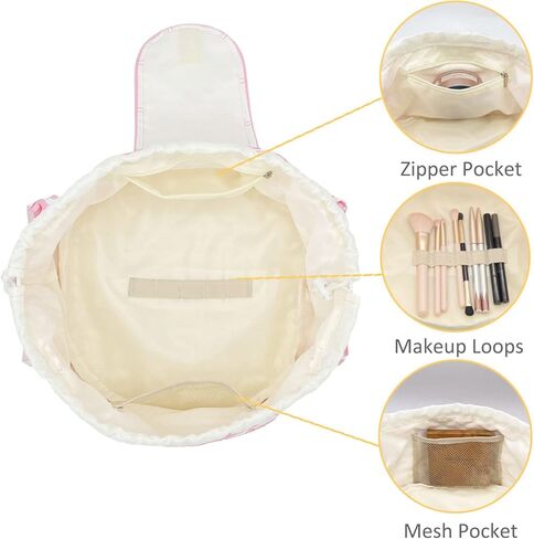 Large Barrel Drawstring Makeup Bag Travel Cosmetic Bag for Women - Portable Make Up Organizer Bag for Skin Care & Toiletries with Brush Holder & Pouch (Black) in Kuwait