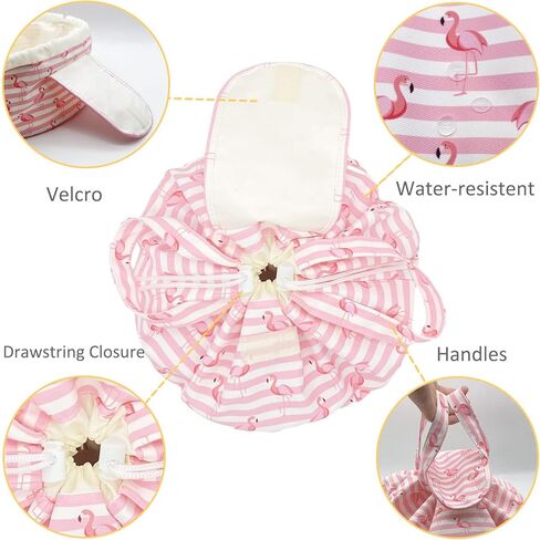 Large Barrel Drawstring Makeup Bag Travel Cosmetic Bag for Women - Portable Make Up Organizer Bag for Skin Care & Toiletries with Brush Holder & Pouch (Black) in Kuwait