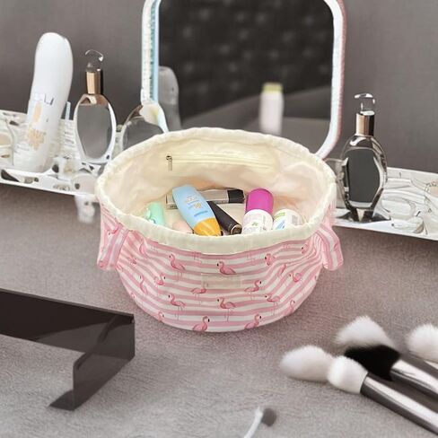 Large Barrel Drawstring Makeup Bag Travel Cosmetic Bag for Women - Portable Make Up Organizer Bag for Skin Care & Toiletries with Brush Holder & Pouch (Black) in Kuwait