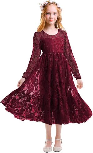 IWEMEK Girls Floral Lace First Communion Dress Long Sleeve Christening Baptism Wedding Birthday Party Boho Rustic A-line Gown in Kuwait