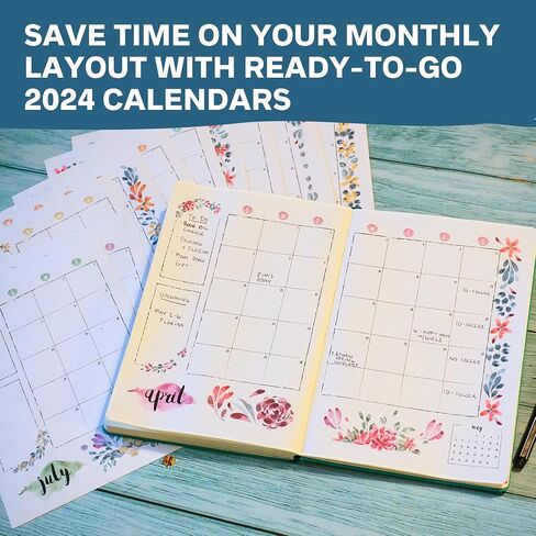 2024 Monthly Calendar Planner Stickers Compatible with A5 Bullet Dot Grid Journals (5.3 x 7.7") - 12-Months of Cute Floral Illustrations, Flower Journal Supplies, DIY Templates, Agenda Layouts in Saudi Arabia