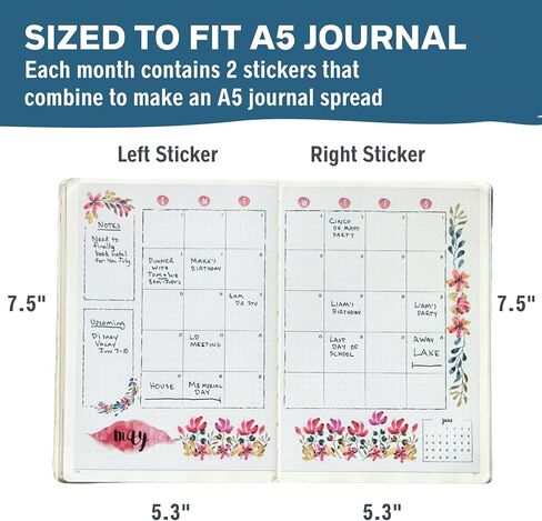2024 Monthly Calendar Planner Stickers Compatible with A5 Bullet Dot Grid Journals (5.3 x 7.7") - 12-Months of Cute Floral Illustrations, Flower Journal Supplies, DIY Templates, Agenda Layouts in Saudi Arabia