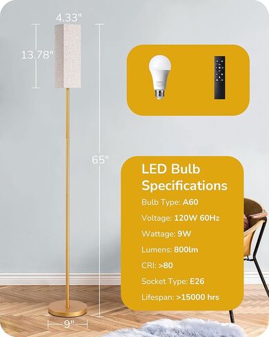 مصباح أرضية زاوية LED من EDISHINE لغرفة المعيشة، مصباح قراءة طويل القامة 65 بوصة مع جهاز تحكم عن بعد، إضاءة عمود خافتة بسيطة لغرفة النوم والمكتب وغرفة الأطفال، لمبة 9 وات متضمنة، 2700K-6000K (ذهبي) in Kuwait