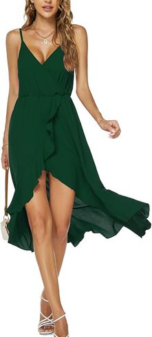 Women's Summer Chiffon Sleeveless Spaghetti Strap Cross V Neck High Low Dress Beach Flowy Party Midi Dresses 837 in Saudi Arabia