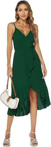 Women's Summer Chiffon Sleeveless Spaghetti Strap Cross V Neck High Low Dress Beach Flowy Party Midi Dresses 837 in Saudi Arabia