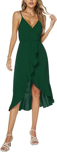 Women's Summer Chiffon Sleeveless Spaghetti Strap Cross V Neck High Low Dress Beach Flowy Party Midi Dresses 837 in Saudi Arabia
